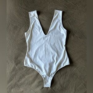 White Plunge Neck Sleeveless Bodysuit